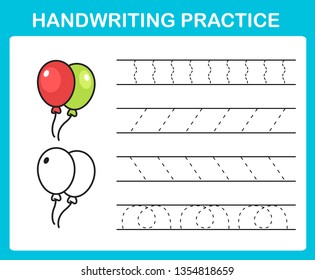 Handwriting practice sheet illustration vector. balloons.