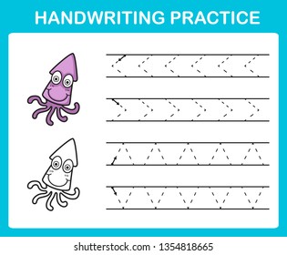 Handwriting practice sheet illustration vector. squid.