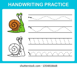 Handwriting practice sheet illustration vector. snail.