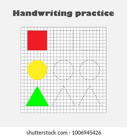 Handwriting practice sheet, kids preschool activity, educational children game, printable worksheet, writing training, geometric shapes, vector illustration
