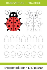 Handwriting practice sheet with ladybird and circle shapes. Simple educational game for kids. Vector illustration