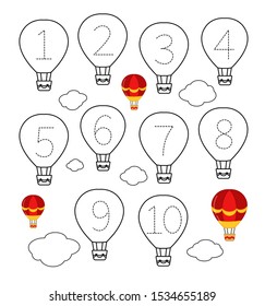 Handwriting practice sheet. Learning numbers 1-10. Educational game for children. Cartoon air balloon.