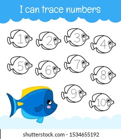 Handwriting practice sheet. Learning numbers 1-10. Educational game for children. Cute fish.