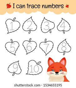 Handwriting practice sheet. Learning numbers 1-10. Educational game for children. Cartoon cute fox.