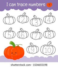 Handwriting practice sheet. Learning numbers 1-10. Educational game for children. Cartoon pumpkin.