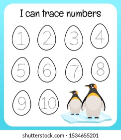 Handwriting practice sheet. Learning numbers 1-10. Educational game for children. Cartoon cute penguin.