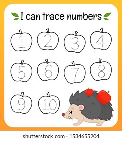 Handwriting practice sheet. Learning numbers 1-10. Educational game for children. Cartoon cute hedgehog.