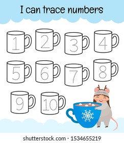 Handwriting practice sheet. Learning numbers 1-10. Educational game for children. Cute girl with cup of coffee.