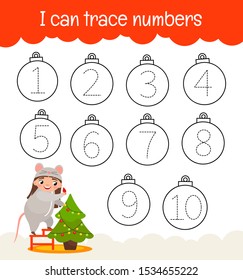 Handwriting practice sheet. Learning numbers 1-10. Educational game for children. Cute girl with christmas tree.