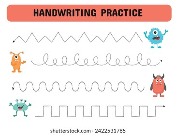 Handwriting practice sheet with  monsters. Educational children game. Tracing lines. early education worksheet for kids.Vector illustration