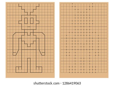 Handwriting practice sheet. Robot. Educational children game, printable worksheet for kids. Development of attention and coordination. Write the same object using dots.