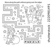 Handwriting practice sheet. Simple educational game or maze. Coloring Page Outline Of cartoon boy with girl making snowman together. Winter. Coloring book for kids.