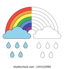 Handwriting practice sheet. Simple educational game for kids. Vector illustration of rainbow, clouds and raindrops for coloring book