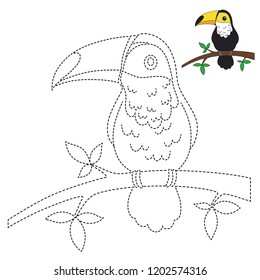 Handwriting practice sheet. Simple educational game for kids. Vector illustration of toucan for coloring book