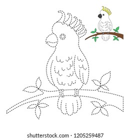 Handwriting practice sheet. Simple educational game for kids. Vector illustration of cute cockatoo for coloring book
