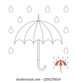 Handwriting practice sheet. Simple educational game for kids. Vector illustration of umbrella and raindrops for coloring book