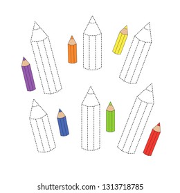 Handwriting practice sheet. Simple educational game for kids. Vector illustration of colorful pencils for coloring book