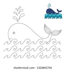 Handwriting practice sheet. Simple educational game for kids. Vector illustration of cute whale for coloring book