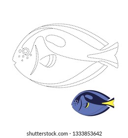 Handwriting practice sheet. Simple educational game for kids. Vector illustration of fish for coloring book