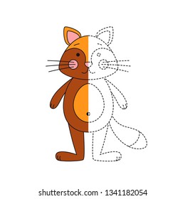 Handwriting practice sheet. Simple educational game for kids. Vector illustration of funny cat for coloring book