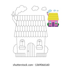 Handwriting practice sheet. Simple educational game for kids. Vector illustration of funny house for coloring book