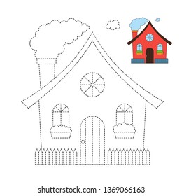 Handwriting practice sheet. Simple educational game for kids. Vector illustration of funny house for coloring book
