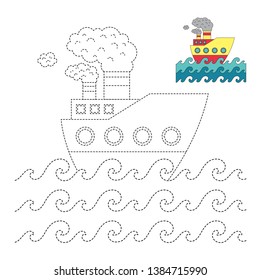 Handwriting practice sheet. Simple educational game for kids. Vector illustration of ship sailing in the sea for coloring book