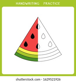 Handwriting practice sheet. Simple educational game for kids. Vector illustration of watermelon for coloring book