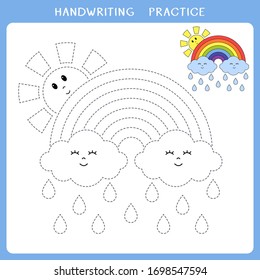 Feuille d'exercices d'écriture manuscrite. Illustration vectorielle d'arc-en-ciel, gouttes de pluie, de mignons nuages et le soleil pour livre de coloriage. Un jeu éducatif simple pour les enfants