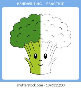 Handwriting practice sheet. Simple educational game for kids. Vector illustration of cute broccoli for coloring book