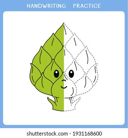 Handwriting practice sheet. Simple educational game for kids. Vector illustration of cute artichoke for coloring book