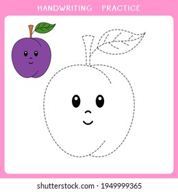 Handwriting practice sheet. Simple educational game for kids. Vector illustration of cute plum for coloring book