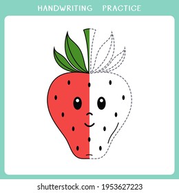Handwriting practice sheet. Simple educational game for kids. Vector illustration of cute strawberry for coloring book