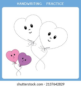 Handwriting Practice Sheet. Simple Educational Game For Kids. Vector Illustration Of Two Balloons Of Heart Shape For Coloring Book