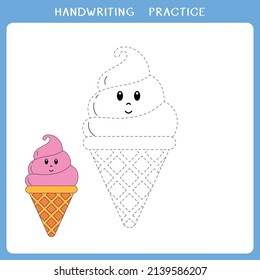 Handwriting practice sheet. Simple educational game for kids. Vector illustration of cute ice cream for coloring book