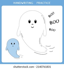 Handwriting practice sheet. Simple educational game for kids. Vector illustration of cute ghost for coloring book