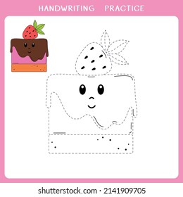Handwriting practice sheet. Simple educational game for kids. Vector illustration of cute cake for coloring book