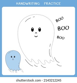 Handwriting practice sheet. Simple educational game for kids. Vector illustration of cute ghost for coloring book