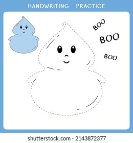 Handwriting practice sheet. Simple educational game for kids. Vector illustration of cute ghost for coloring book
