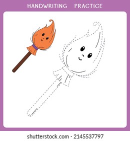 Handwriting practice sheet. Simple educational game for kids. Vector illustration of cute witch broom for coloring book