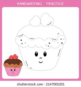 Handwriting practice sheet. Simple educational game for kids. Vector illustration of cute cupcake for coloring book