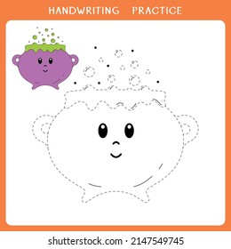 Handwriting practice sheet. Simple educational game for kids. Vector illustration of cute witch cookware with potion for coloring book