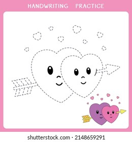 Handwriting practice sheet. Simple educational game for kids. Vector illustration of cute two hearts pierced by Cupid's golden arrow  for coloring book