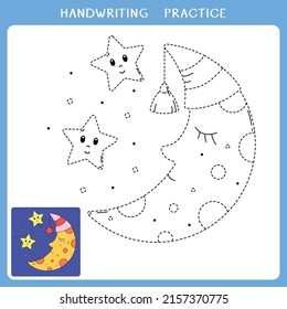 Hoja de prácticas de escritura a mano. Simple juego educativo para los niños. Ilustración vectorial de la luna linda en la gorra de noche y estrellas para el libro de colores