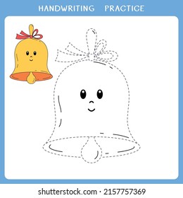 Handwriting practice sheet. Simple educational game for kids. Vector illustration of cute christmas bell for coloring book