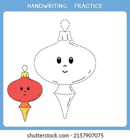 Handwriting practice sheet. Simple educational game for kids. Vector illustration of cute christmas bauble for coloring book