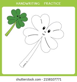 Handwriting practice sheet. Simple educational game for kids. Vector illustration of cute clover leaf for coloring book