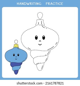 Handwriting practice sheet. Simple educational game for kids. Vector illustration of cute christmas bauble for coloring book