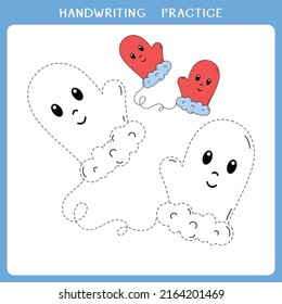 Handwriting Practice Sheet. Simple Educational Game For Kids. Vector Illustration Of Cute Mittens For Coloring Book