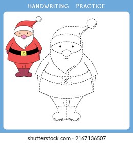 Handwriting practice sheet. Simple educational game for kids. Vector illustration of cute Santa Claus for coloring book
